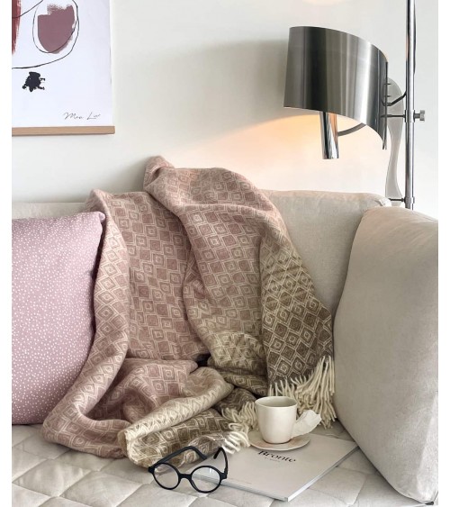 Plaid OMBRE DIAMOND Rose / camel - Couverture en laine Bronte by Moon un plaid cocooning couverture chaude douce plaide lit