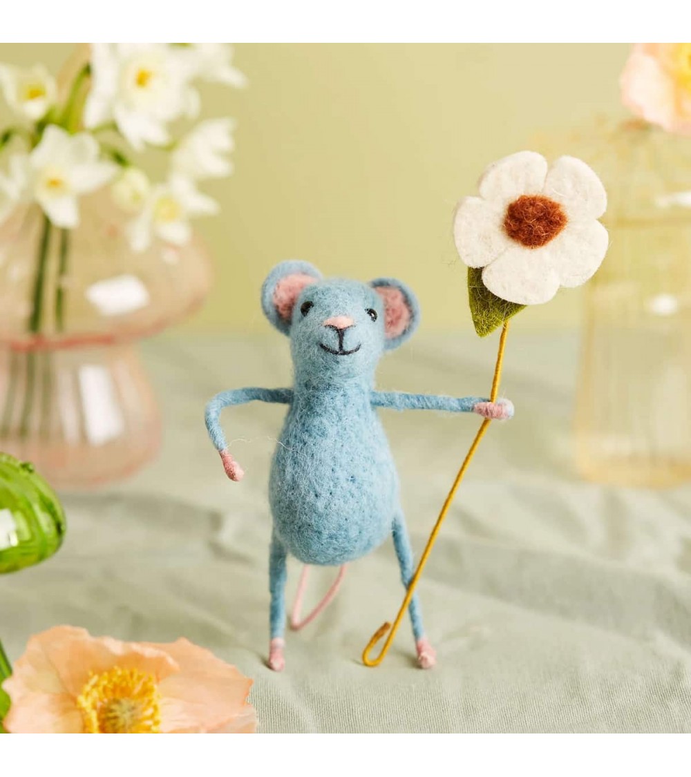 Blue mouse with a flower - Decorative object Sew Heart Felt original kitatori switzerland
