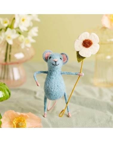 Blue mouse with a flower - Decorative object Sew Heart Felt original kitatori switzerland