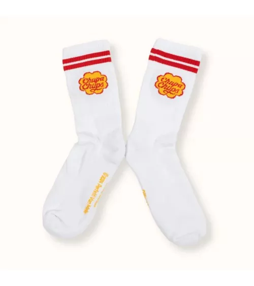 Chupa Chups - White sports socks with red stripes Label Chaussette funny crazy cute cool best pop socks for women men