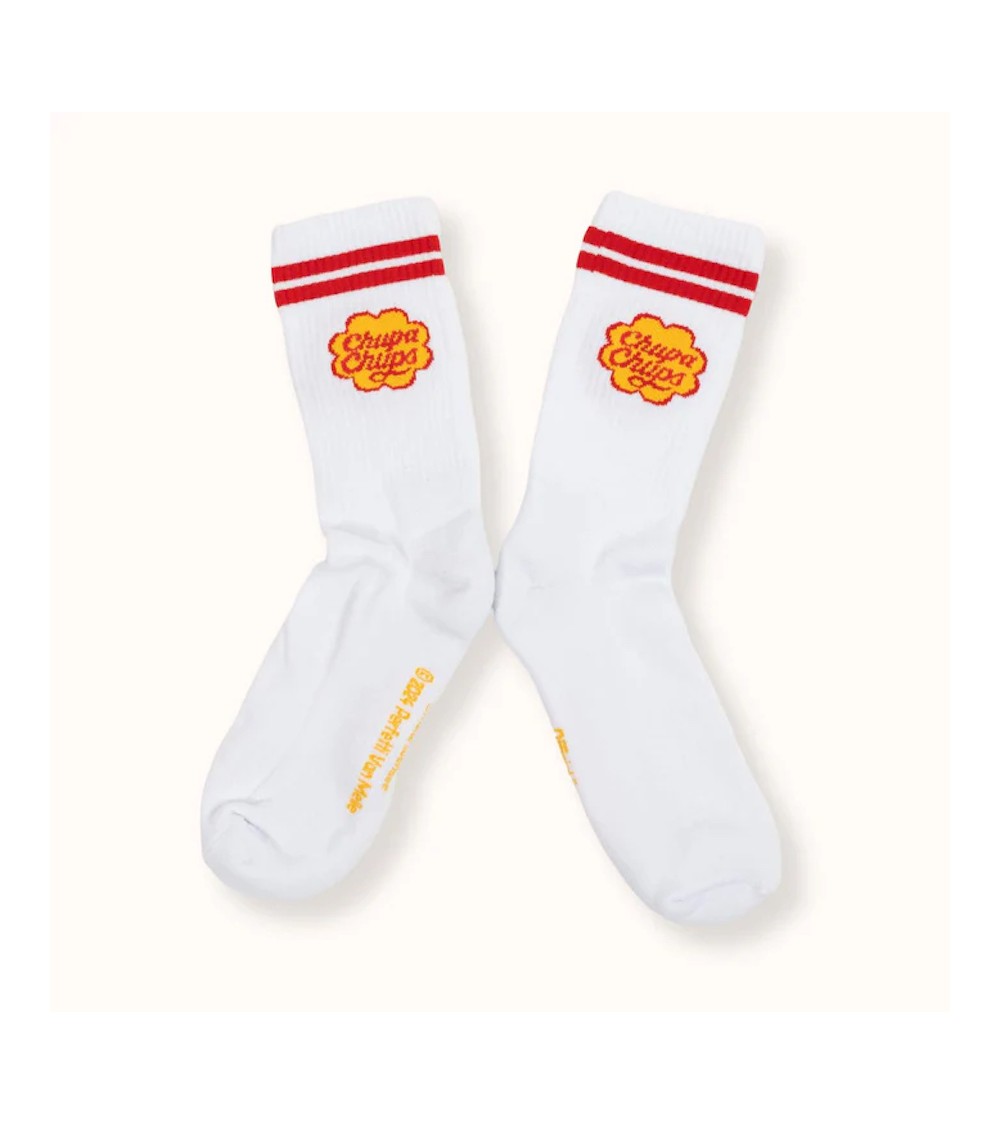 Chupa Chups - Calze sportive bianche a righe rosse Label Chaussette calze da uomo per donna divertenti simpatici particolari