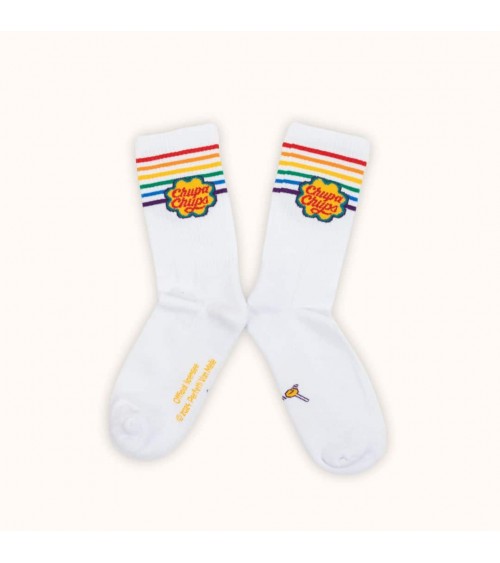 Chupa Chups - Chaussettes de sport blanches rayures arc-en-ciel Label Chaussette jolies pour femme originales pour homme chau...