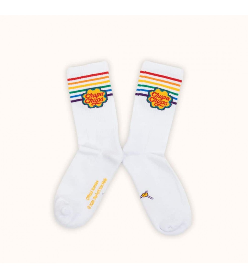 Chupa Chups - Sportsocken, weisse Socken mit Regenbogen Streifen Label Chaussette socke kuschelsocken für damen lustig herren...