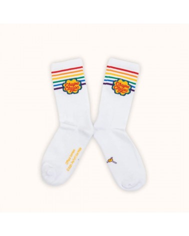 Chupa Chups - White sports socks with rainbow stripes Label Chaussette funny crazy cute cool best pop socks for women men