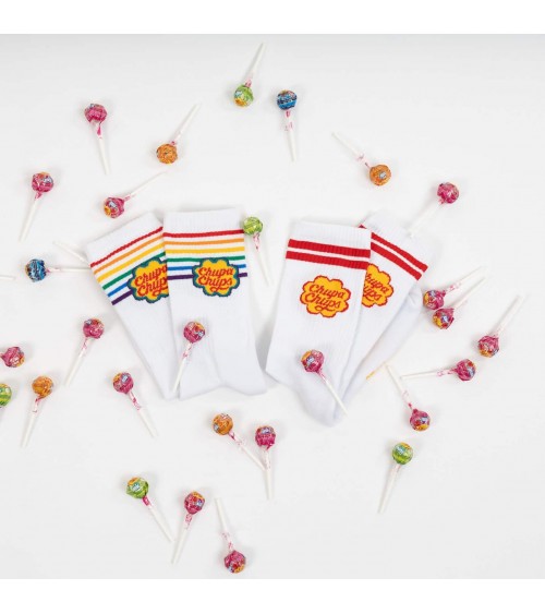 Chupa Chups - Chaussettes de sport blanches rayures arc-en-ciel Label Chaussette jolies pour femme originales pour homme chau...