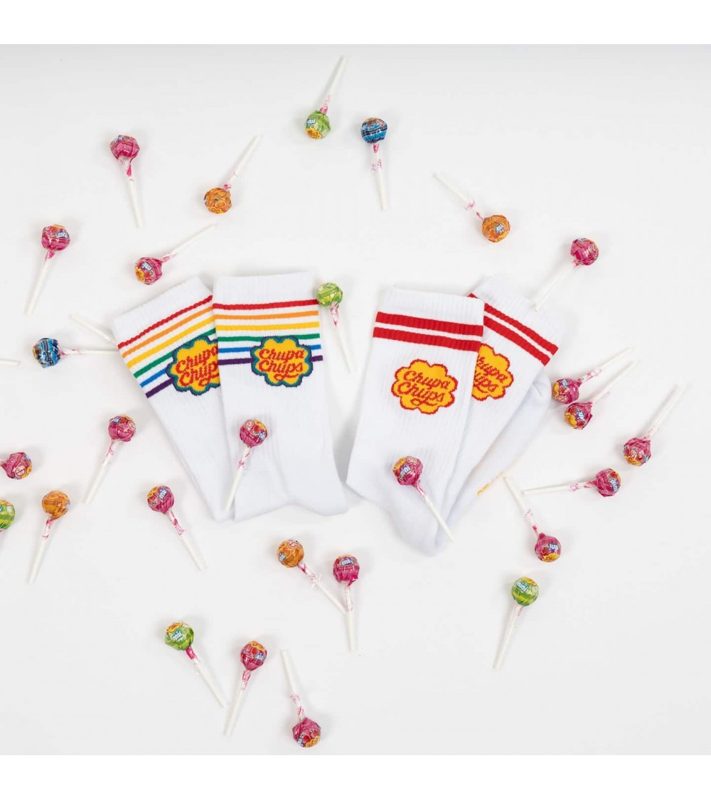 Chupa Chups - White sports socks with rainbow stripes Label Chaussette funny crazy cute cool best pop socks for women men