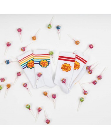 Chupa Chups - Sportsocken, weisse Socken mit Regenbogen Streifen Label Chaussette socke kuschelsocken für damen lustig herren...