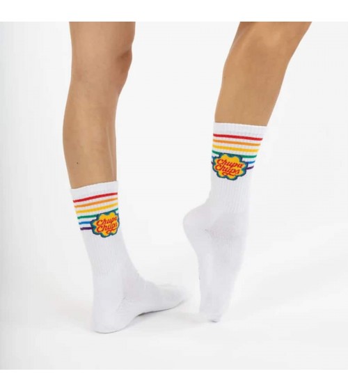 Chupa Chups - Calze sportive bianche a righe arcobaleno Label Chaussette calze da uomo per donna divertenti simpatici partico...