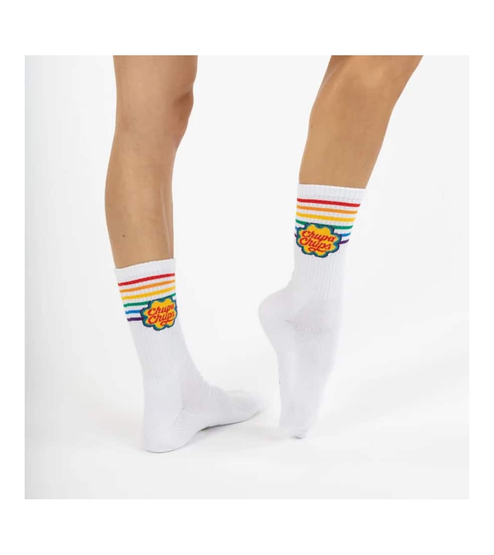 Chupa Chups - White sports socks with rainbow stripes Label Chaussette funny crazy cute cool best pop socks for women men