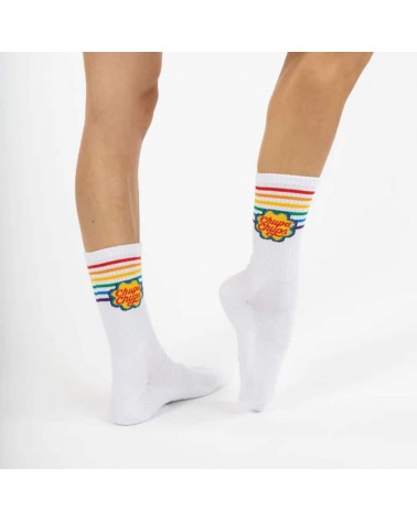 Chupa Chups - Sportsocken, weisse Socken mit Regenbogen Streifen Label Chaussette socke kuschelsocken für damen lustig herren...
