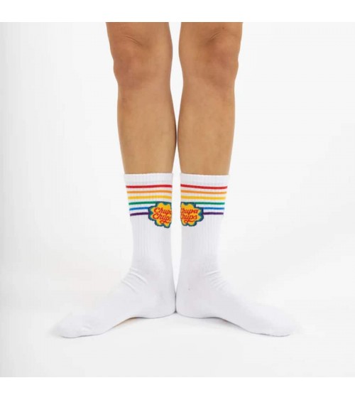 Chupa Chups - Sportsocken, weisse Socken mit Regenbogen Streifen Label Chaussette socke kuschelsocken für damen lustig herren...
