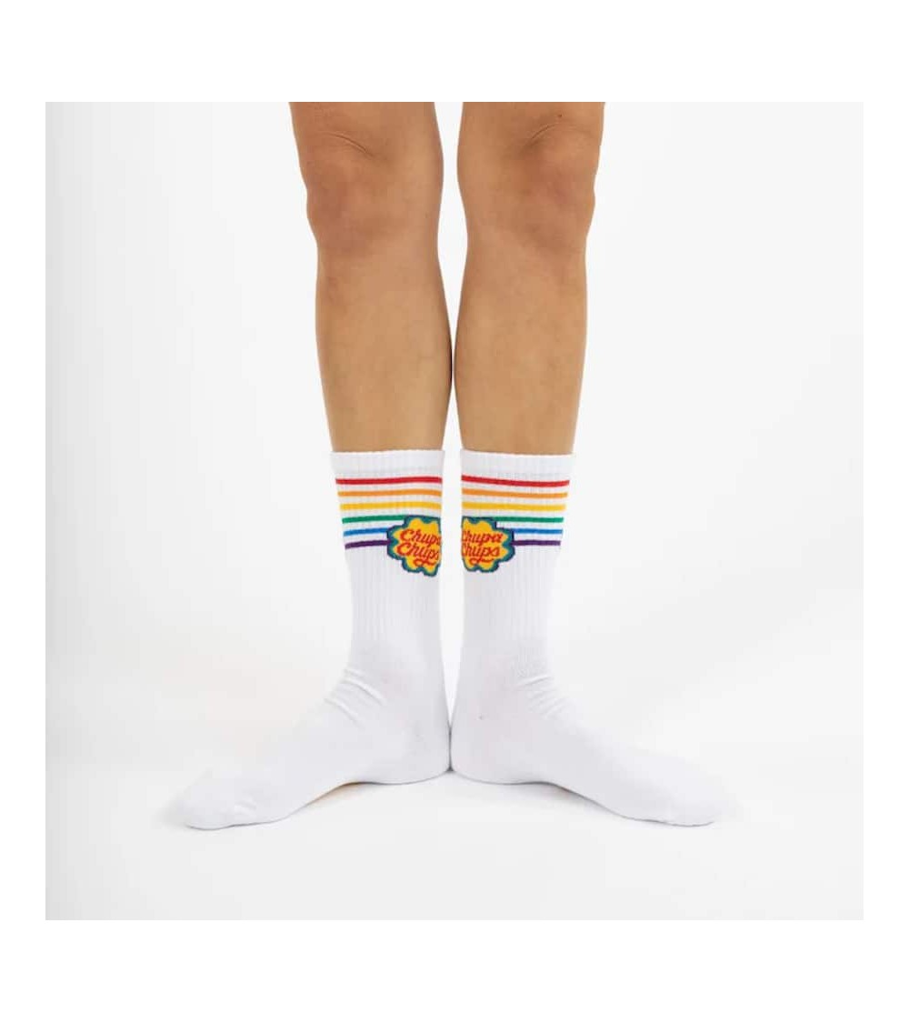 Chupa Chups - White sports socks with rainbow stripes Label Chaussette funny crazy cute cool best pop socks for women men