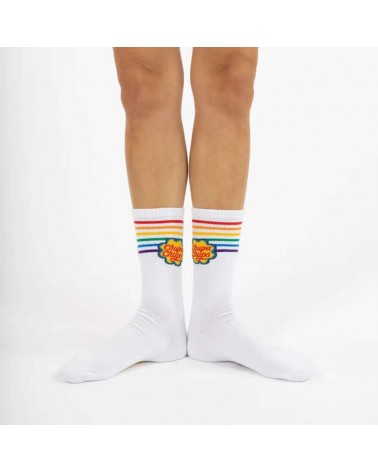 Chupa Chups - Sportsocken, weisse Socken mit Regenbogen Streifen Label Chaussette socke kuschelsocken für damen lustig herren...