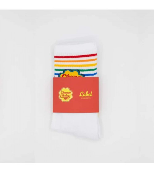 Chupa Chups - Calze sportive bianche a righe arcobaleno Label Chaussette calze da uomo per donna divertenti simpatici partico...