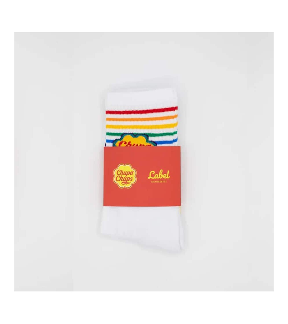 Chupa Chups - White sports socks with rainbow stripes Label Chaussette funny crazy cute cool best pop socks for women men
