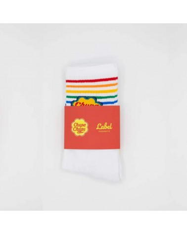 Chupa Chups - Sportsocken, weisse Socken mit Regenbogen Streifen Label Chaussette socke kuschelsocken für damen lustig herren...