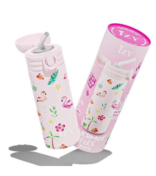 Flamant Rose - Gourde enfant isotherme avec paille IZY Bottles gourde sport metal d eau aluminium thé design
