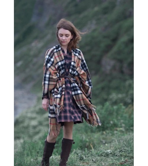 Mini Ruana Tartan CAMEL THOMPSON - Mantella, poncho di lana Bronte by Moon donna elegante invernale kitatori svizzera