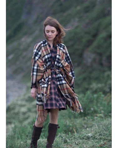 Mini Ruana Tartan CAMEL THOMPSON - Mantella, poncho di lana Bronte by Moon donna elegante invernale kitatori svizzera