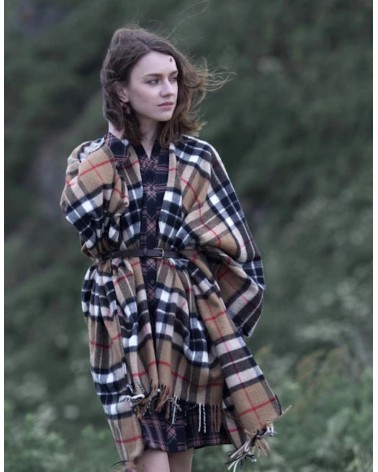 Mini Ruana Tartan CAMEL THOMPSON - Mantella, poncho di lana Bronte by Moon donna elegante invernale kitatori svizzera