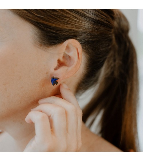 Swallows - Glittery wooden earrings - Blue Les Petites Hirondelles cute fashion design designer for women