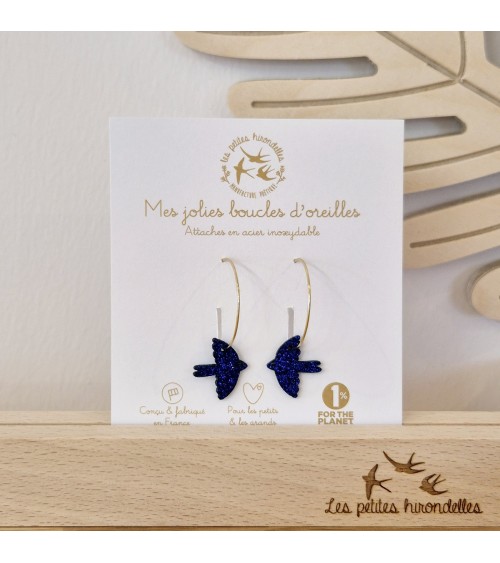 Colombes - Boucles d'oreilles créoles pailletées Les Petites Hirondelles fantaisie original femme suisse