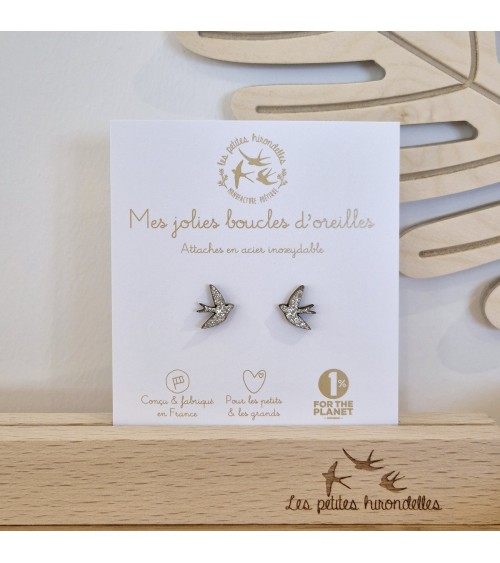 Hirondelles - Boucles d'oreilles pailletées en bois - Argenté Les Petites Hirondelles fantaisie original femme suisse