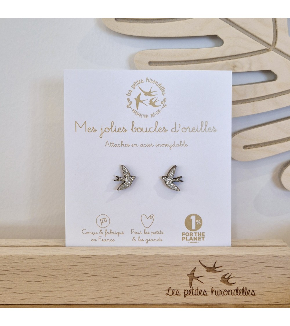 Hirondelles - Boucles d'oreilles pailletées en bois - Argenté Les Petites Hirondelles fantaisie original femme suisse