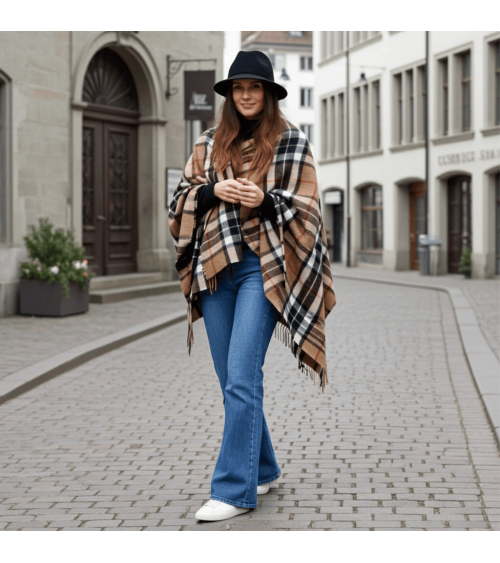 Mini Ruana Tartan CAMEL THOMPSON - Merino wool poncho Bronte by Moon cape warm winter elegant for women kitatori switzerland