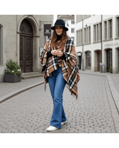 Mini Ruana Tartan CAMEL THOMPSON - Merino wool poncho Bronte by Moon cape warm winter elegant for women kitatori switzerland