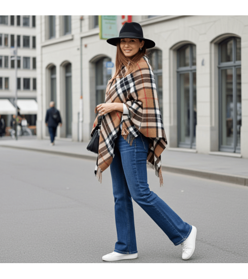 Mini Ruana Tartan CAMEL THOMPSON - Merino wool poncho Bronte by Moon cape warm winter elegant for women kitatori switzerland