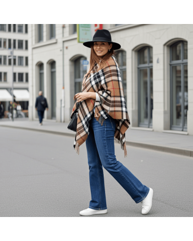 Mini Ruana Tartan CAMEL THOMPSON - Merino wool poncho Bronte by Moon cape warm winter elegant for women kitatori switzerland