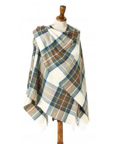 Mini Ruana Tartan Muted Blue Stewart - Merino wool poncho Bronte by Moon cape warm winter elegant for women kitatori switzerland