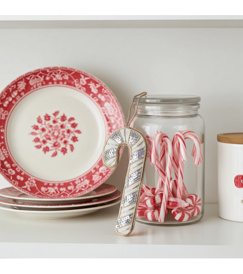 Candy Cane - Embroidered Linen Christmas Decoration Katie Larmour Linen 2024 christmas decorations xmas tree decorations