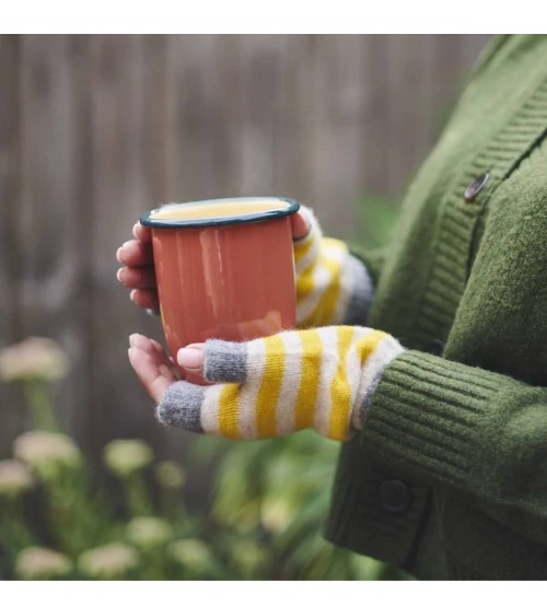 Oatmeal & electric yellow stripes - Wool Wrist Warmers for women Catherine Tough original gift idea switzerland