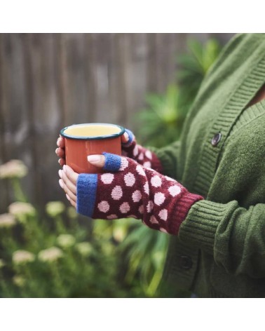Pois rouge foncé et rose - Mitaines pour femme en laine Catherine Tough idée cadeau original suisse