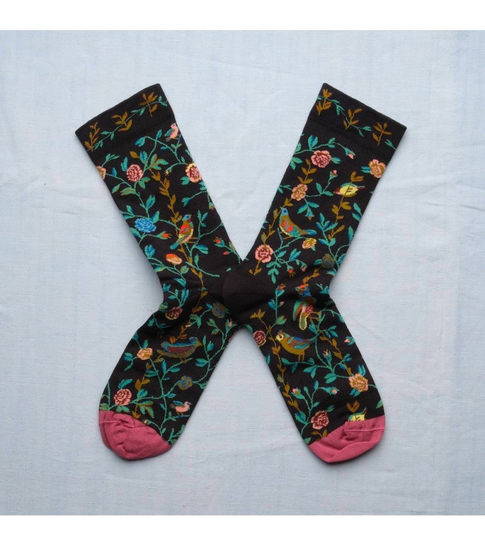 Fleurs et Oiseaux Faux Noir - Socken aus ägyptischer Baumwolle Bonne Maison socke kuschelsocken für damen lustig herren farbi...