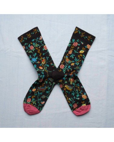 Fleurs et Oiseaux Faux Noir - Chaussettes en coton égyptien Bonne Maison jolies pour femme originales pour homme chausset rig...