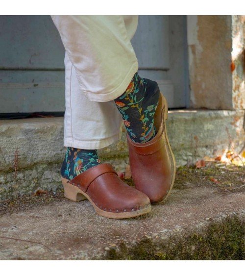 Fleurs et Oiseaux Faux Noir - Chaussettes en coton égyptien Bonne Maison jolies pour femme originales pour homme chausset rig...