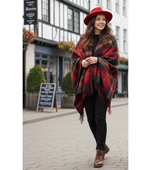 Mini Ruana Tartan DARK MAPLE - Merino wool poncho Bronte by Moon cape warm winter elegant for women kitatori switzerland