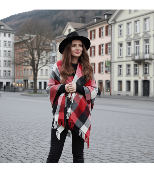 Mini Ruana Block Check - Rot & Grau - Poncho, Cape aus Wolle Bronte by Moon wollponcho Ponchos für Damen elegant Winter kaufen
