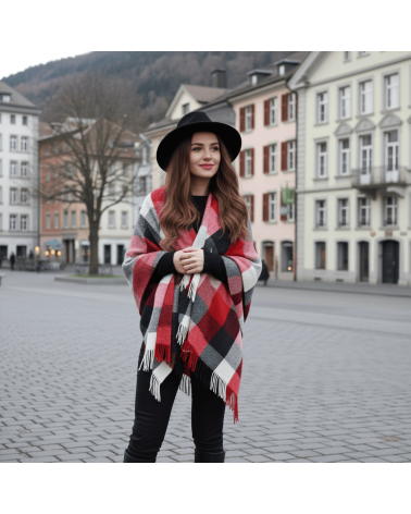 Mini Ruana Block Check - Red & Grey - Merino wool poncho Bronte by Moon cape warm winter elegant for women kitatori switzerland