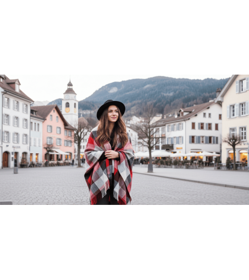 Mini Ruana Block Check - Rouge & Gris - poncho, cape en laine Bronte by Moon femme hiver chic plaid kitatori suisse