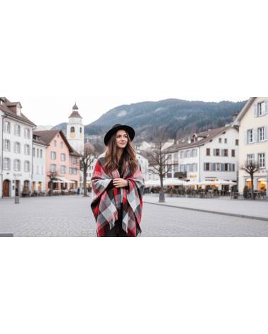 Mini Ruana Block Check - Red & Grey - Merino wool poncho Bronte by Moon cape warm winter elegant for women kitatori switzerland