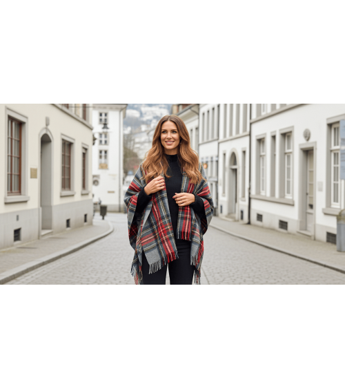 Mini Ruana Tartan GREY STEWART - Poncho, Cape aus Wolle Bronte by Moon wollponcho Ponchos für Damen elegant Winter kaufen