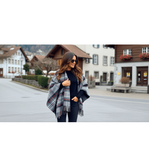 Mini Ruana Tartan GREY STEWART - Poncho, Cape aus Wolle Bronte by Moon wollponcho Ponchos für Damen elegant Winter kaufen