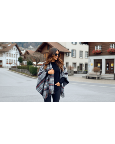 Mini Ruana Tartan GREY STEWART - poncho, cape en laine Bronte by Moon femme hiver chic plaid kitatori suisse