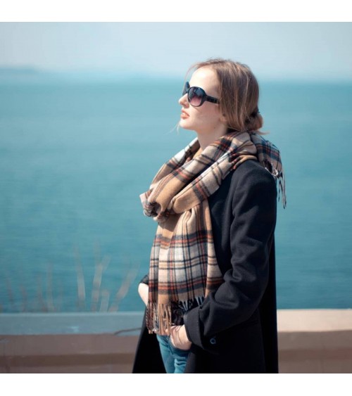 Tartan ALPACA STEWART BROWN XXL - großer Alpaka Schal Bronte by Moon Damen Winter Winterschal Herrenschal woll schal mit fran...