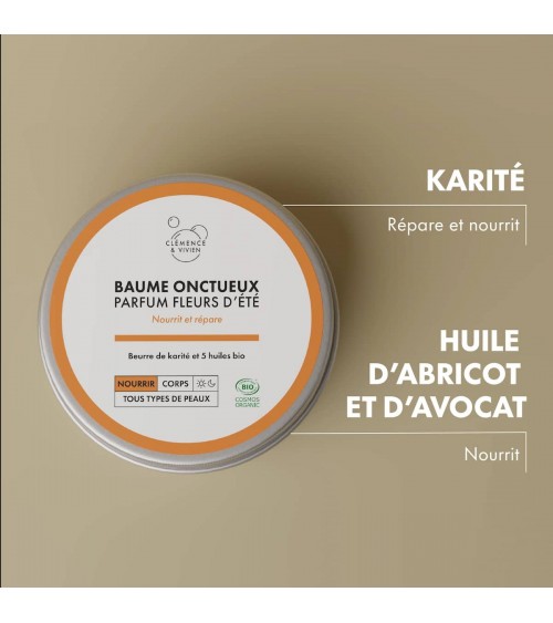 Baume oncteux - parfum fleurs d'été Clémence et Vivien cosmetique naturel de qualité vegan
