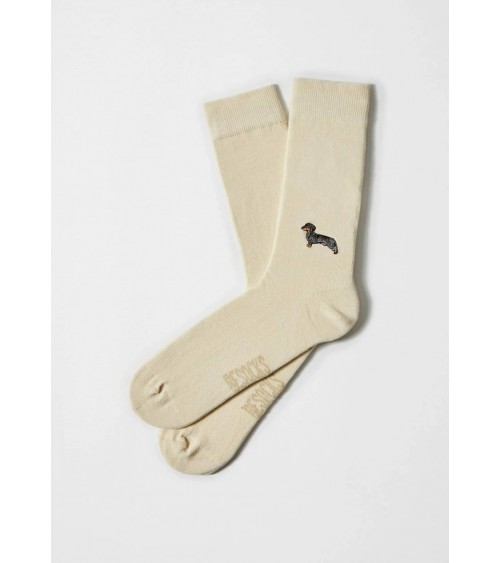 BePets - beige Socken mit gesticktem Dackel motiv Besocks socke kuschelsocken für damen lustig herren farbige coole socken